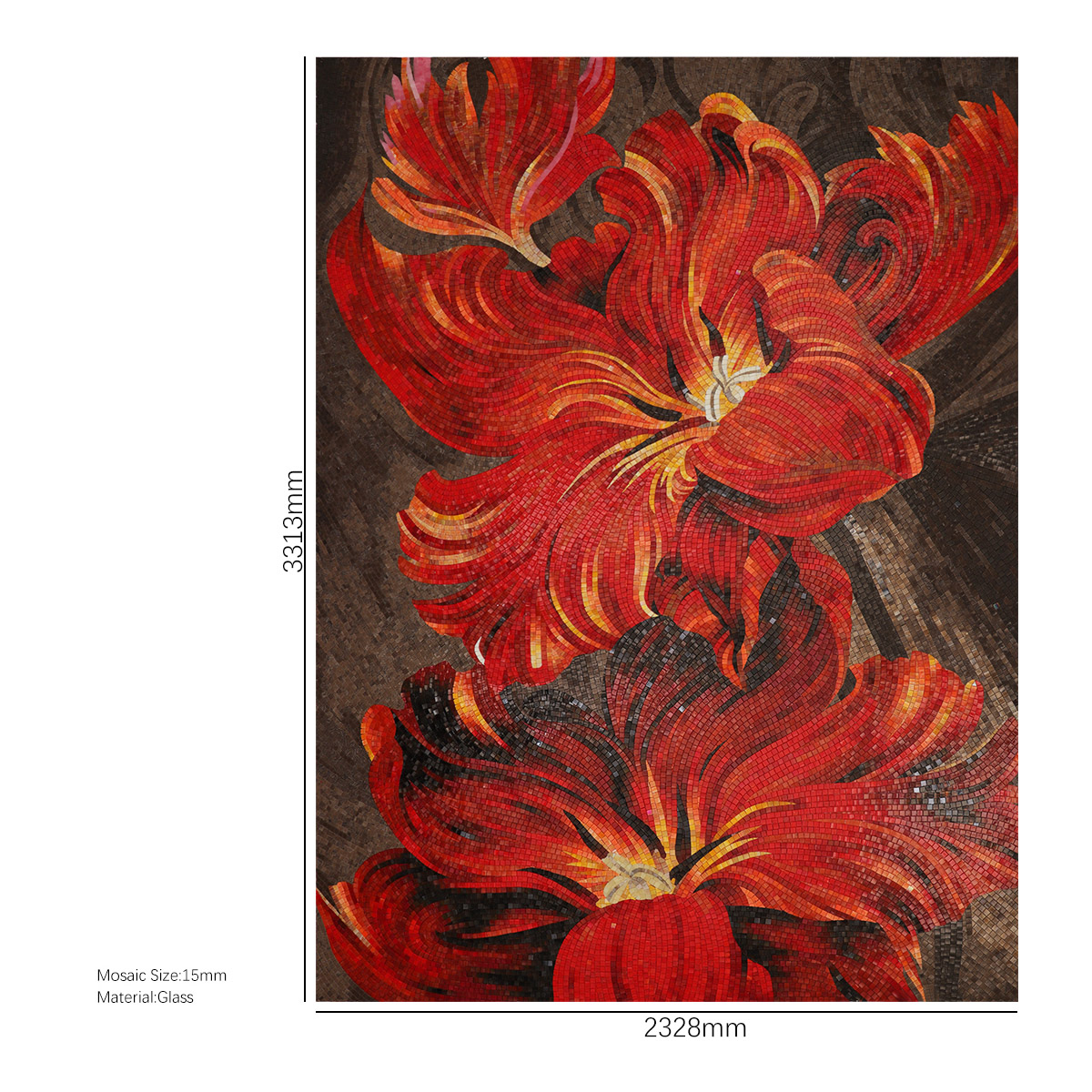 Red Flower Mosaic Mural Tile with Dimensions Displayed