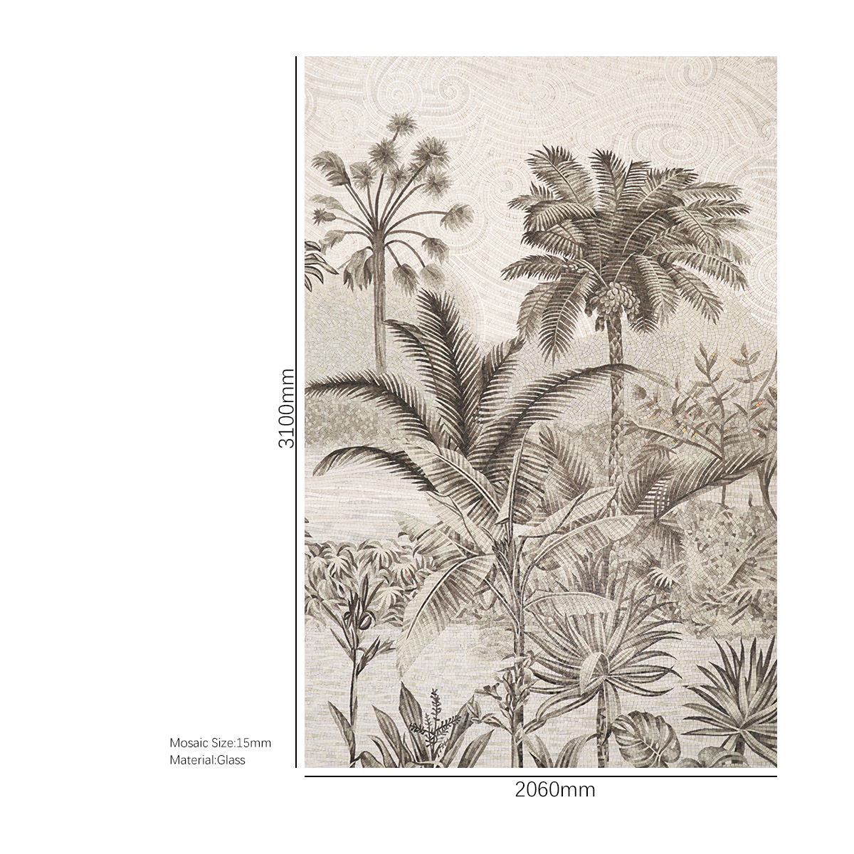 Full View of Custom Coconut Tree Mosaic Mural with Dimensions Displayed
