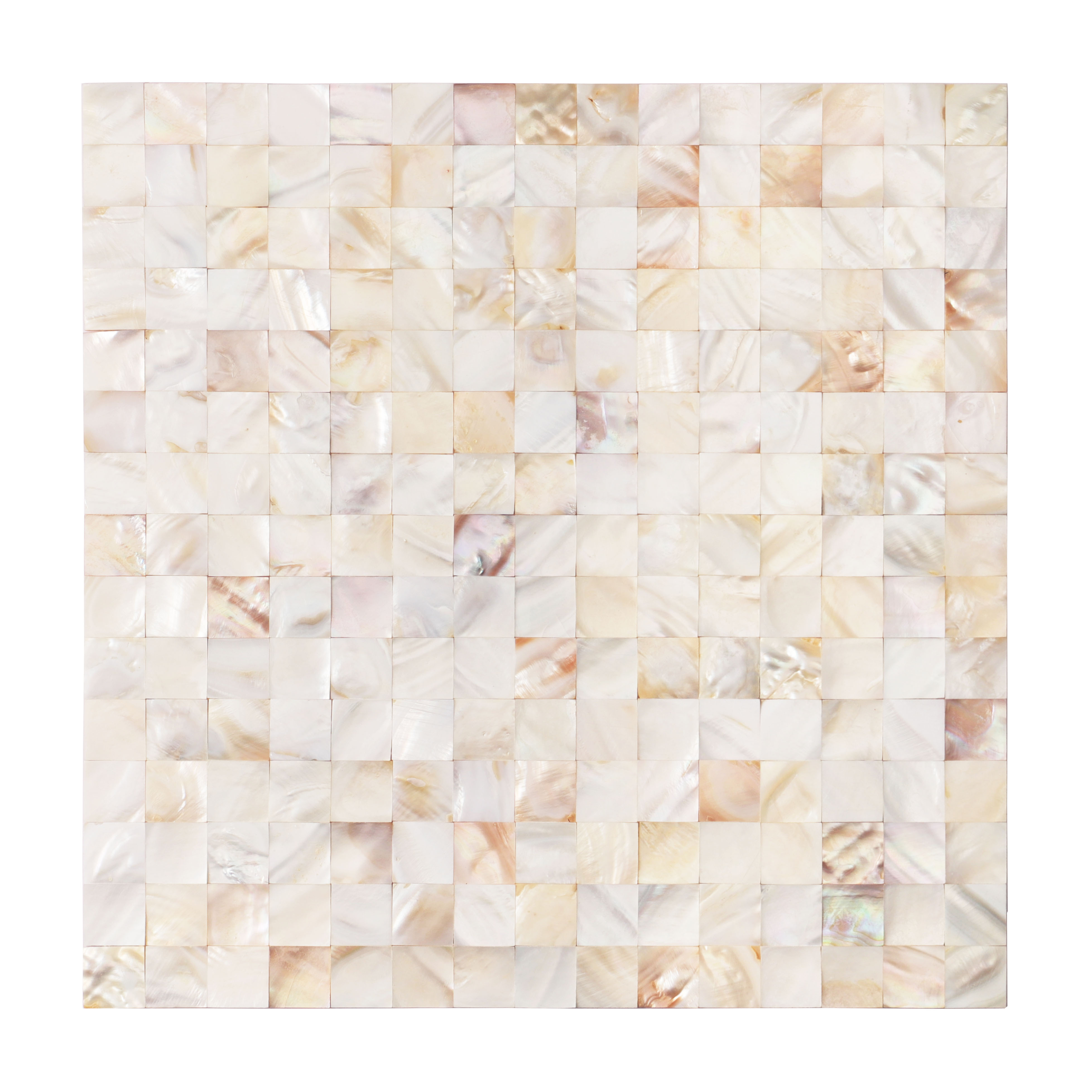 Natural mother of pearl square mosaic tile sheet, obverse side.