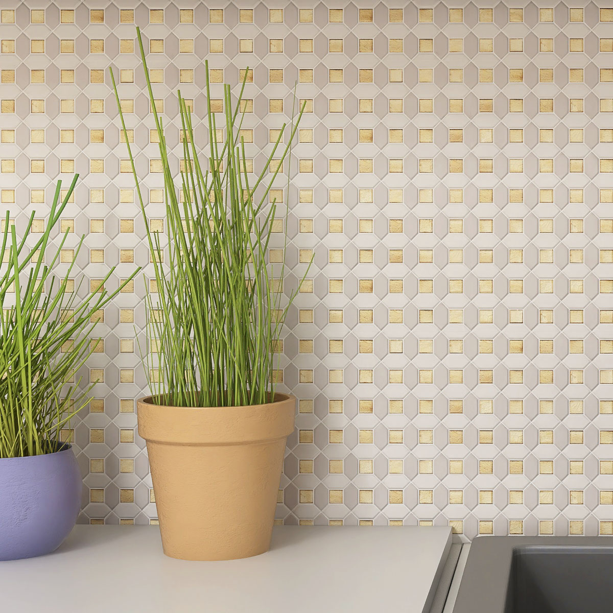 Gold and white glass mosaic tiles on kitchen wall.