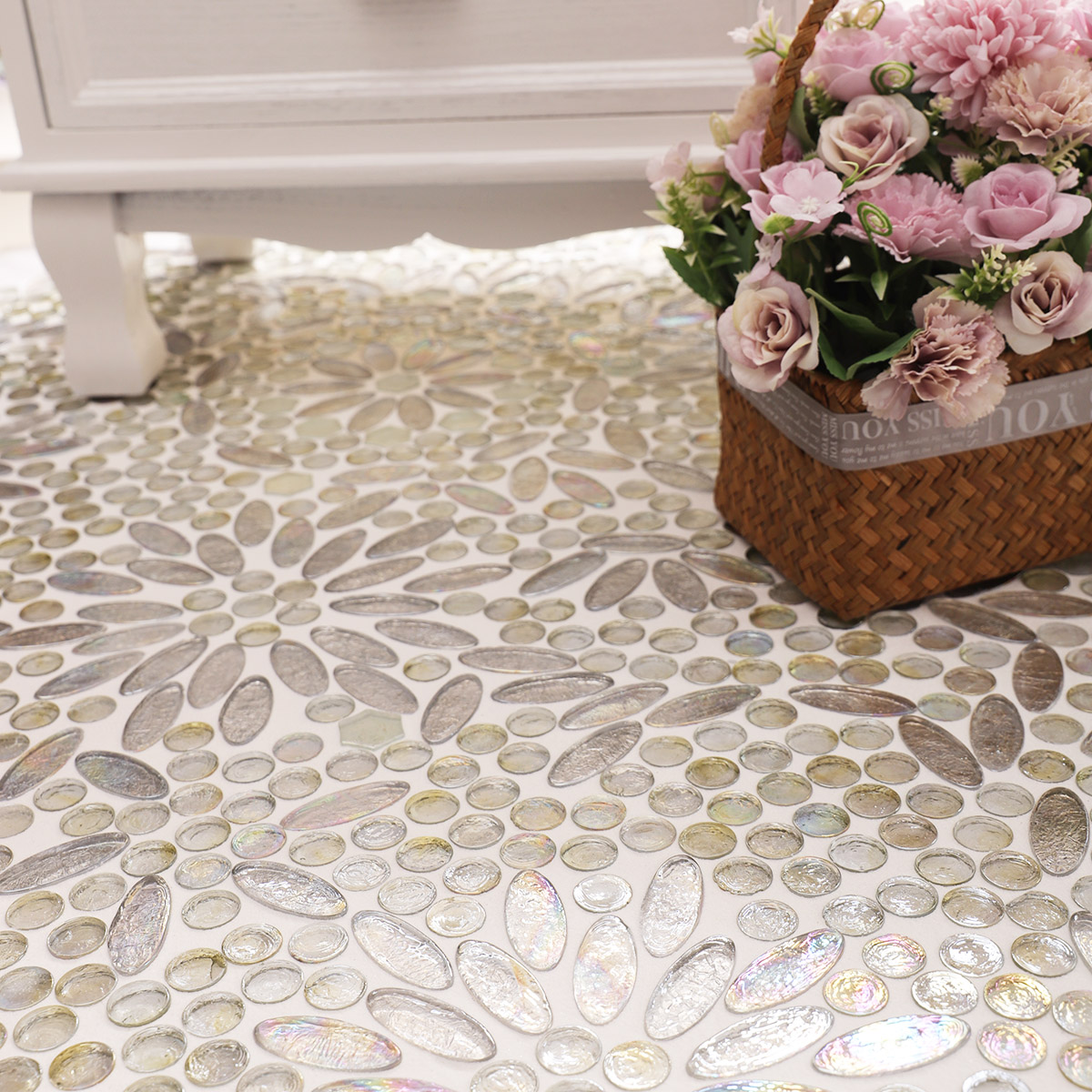 Living space featuring Opalescent Oval Flower Glass Mosaic Floor Tiles, white table