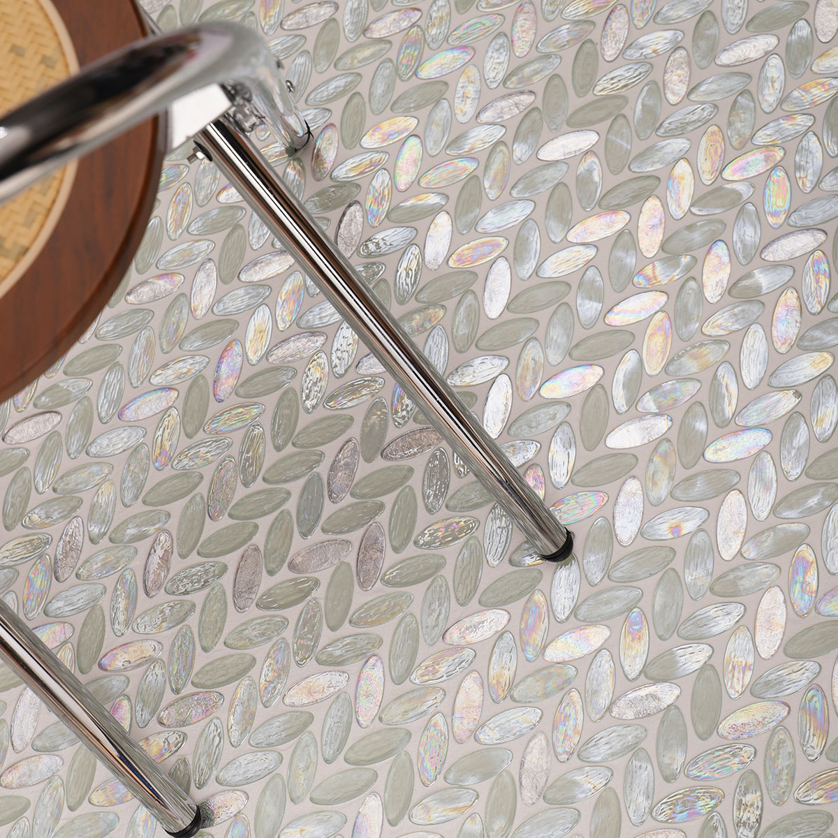 Stool placed on Iridescent White Oval Glass Mosaic Tiles floor