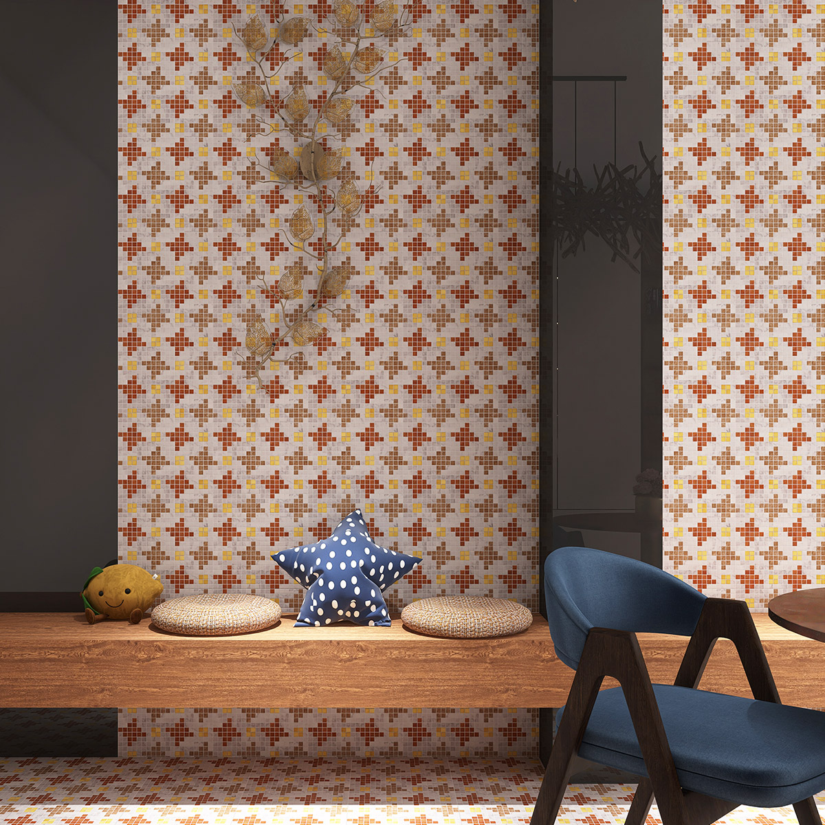 Modern Living Room with Marble and Metal Square Mosaic Tile Design