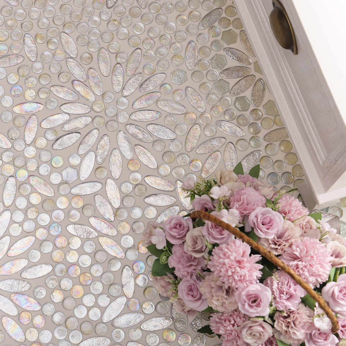 Opalescent Oval Flower Glass Mosaic Floor Tiles, white table, and pink flower