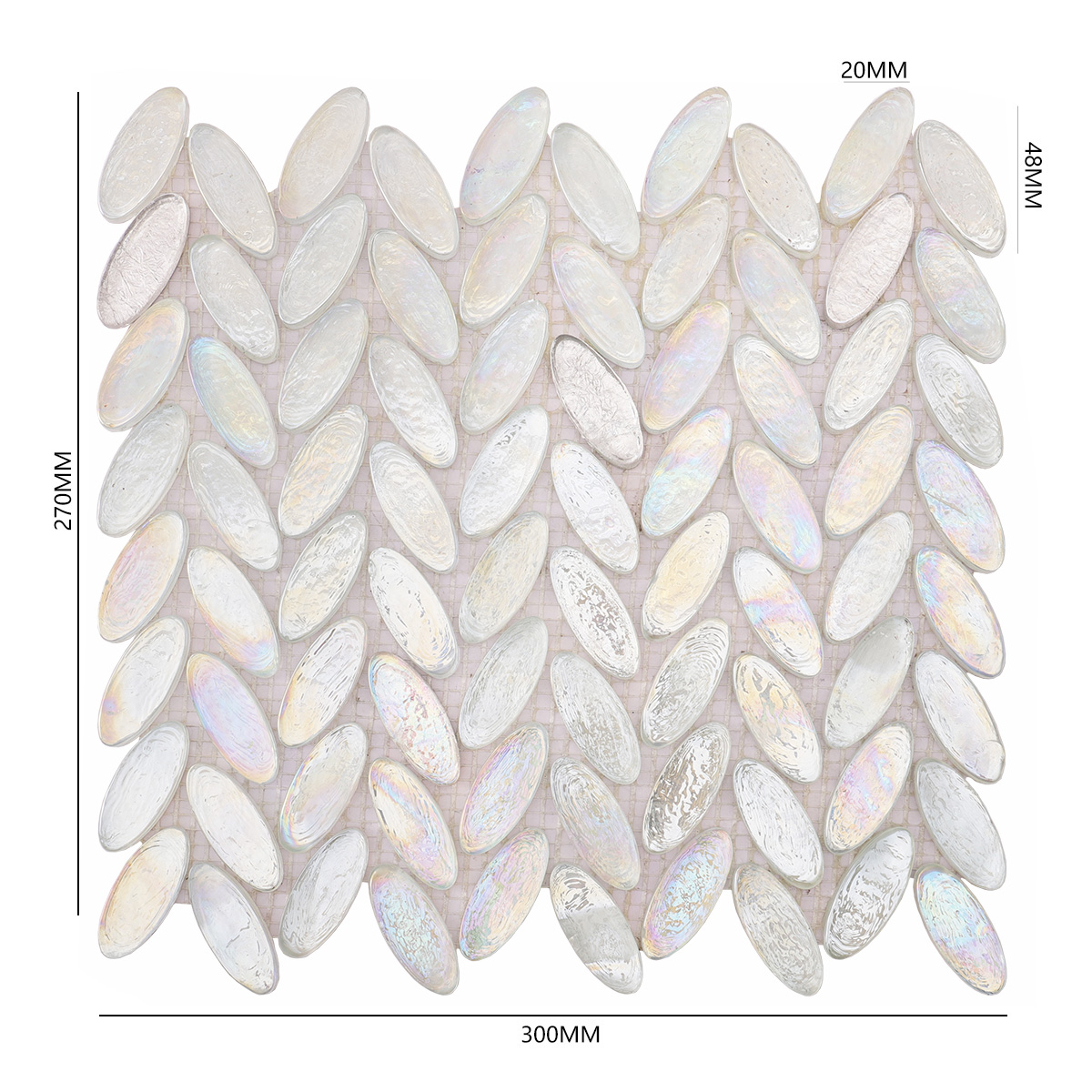Obverse side of Iridescent White Oval Glass Mosaic Tiles, showing size