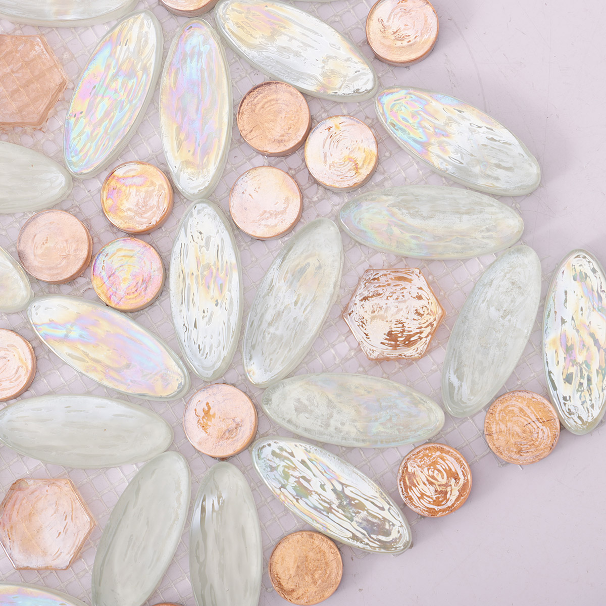 Polished White and Orange Oval Glass Mosaic Tiles 