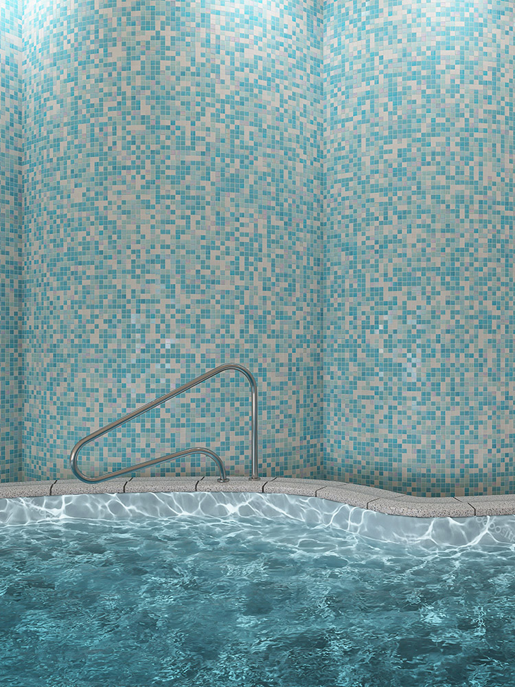The blue-green mosaic tiles create a serene, aquatic atmosphere on the indoor swimming pool walls, adding a refreshing and calming effect to the space.