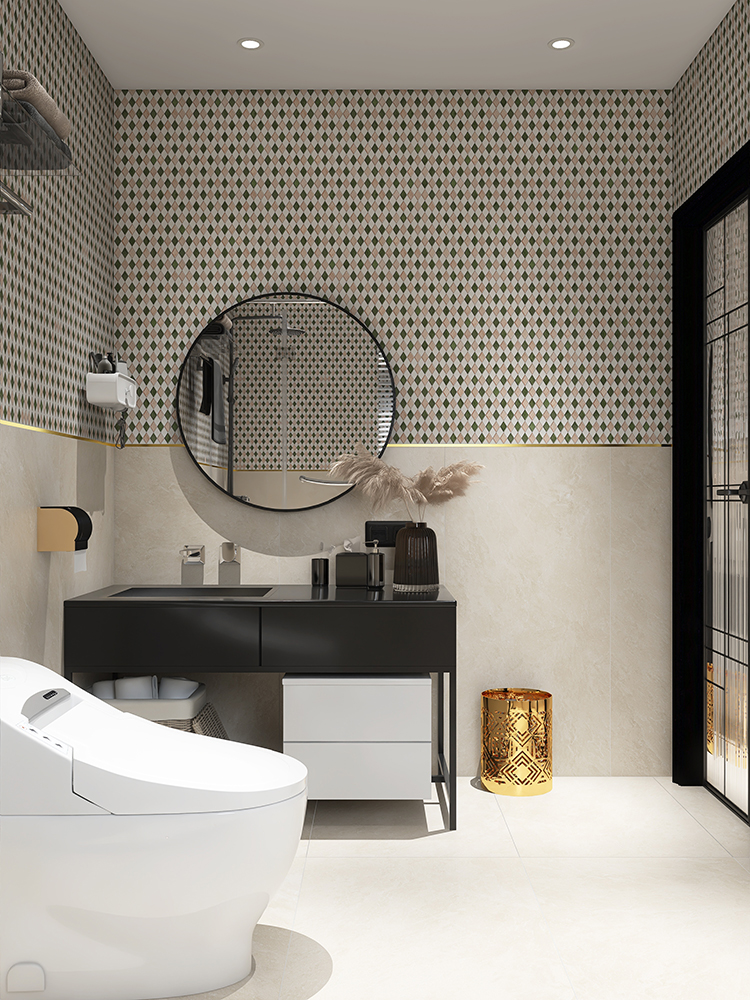 A vibrant blend of pink, green, and white diamond mosaic tiles combined with beige tiles and a black bathroom cabinet creates a playful yet elegant look.