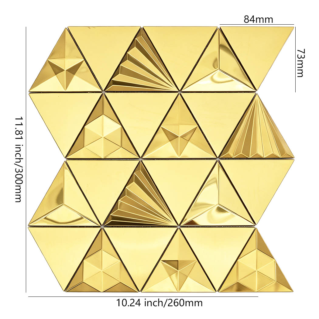 Gold 3D triangle mosaic tile sheet with dimensions