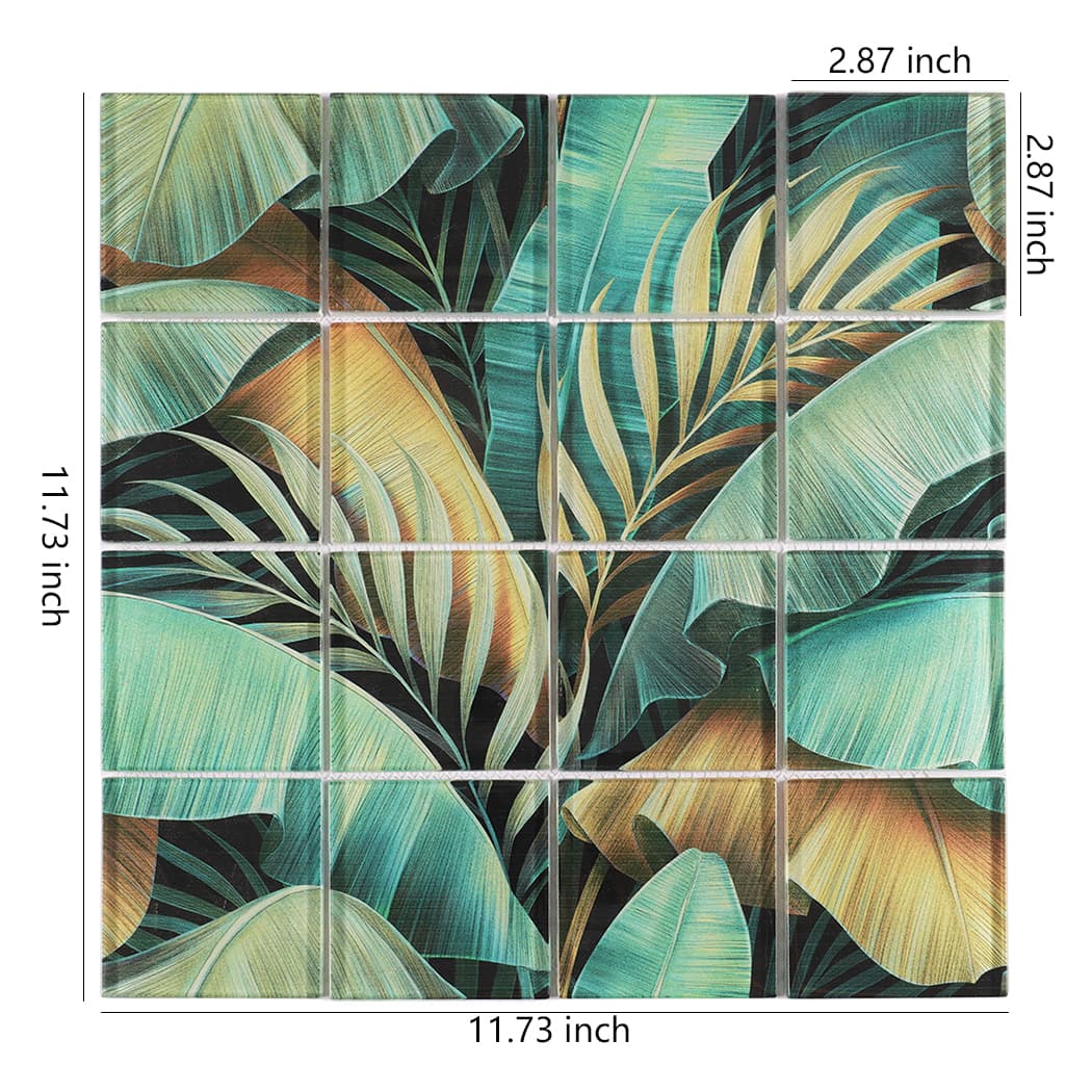 Green and gold tropical leaf glass mosaic tile sheet with 2.87 inch square pieces