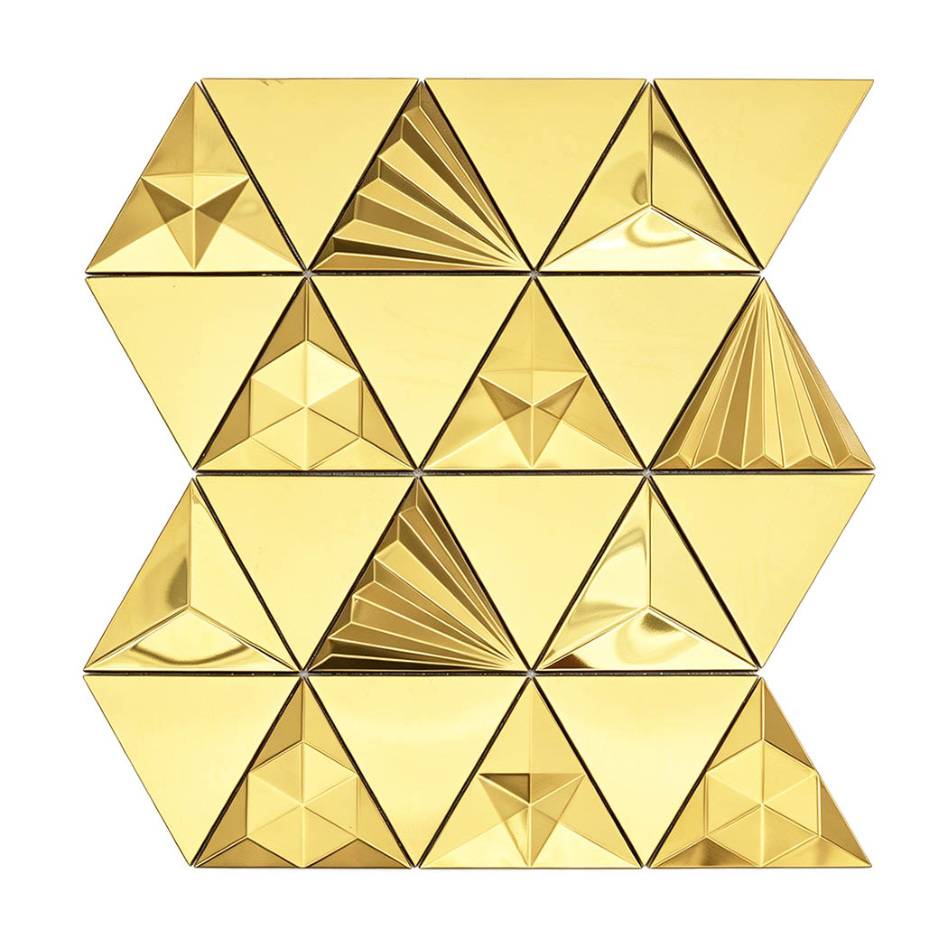 Gold metallic triangle mosaic tile sheet on white background
