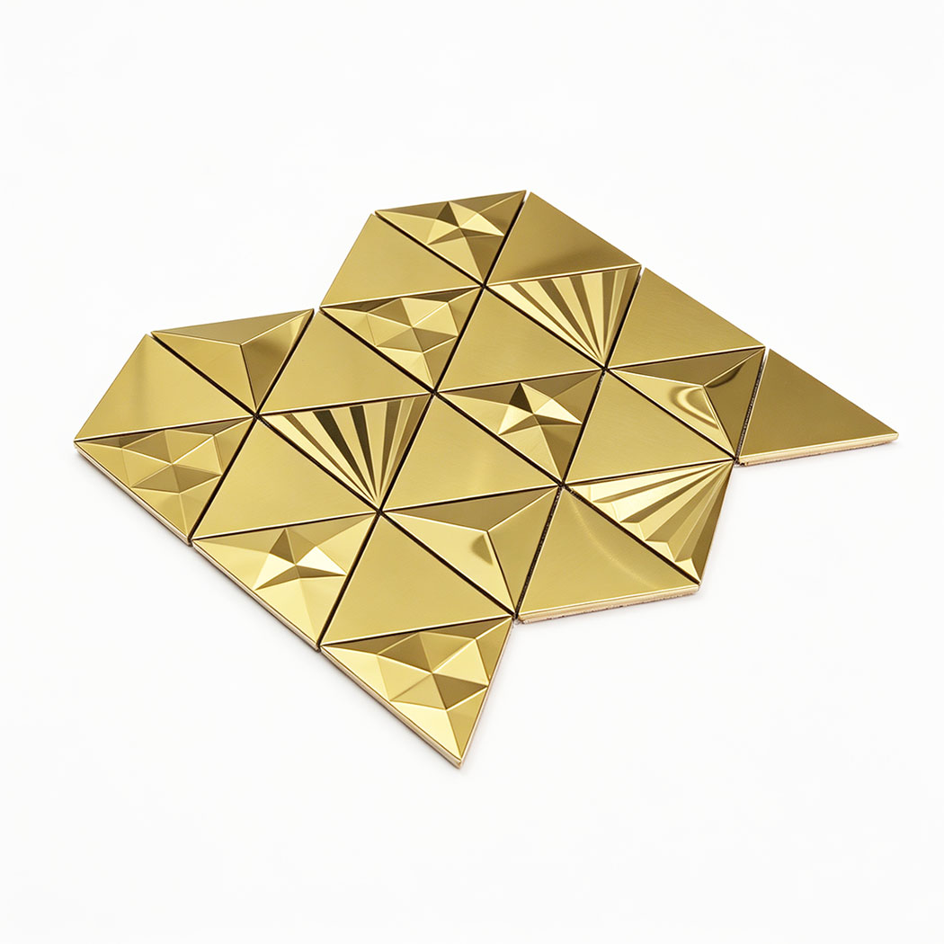 Gold 3D wall tiles for bedroom in a modern triangle mosaic design