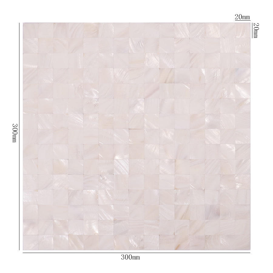 Full sheet of 20mm white shell mosaic tile with 300mm dimensions
