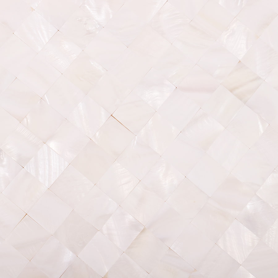  Detailed view of 20mm white shell mosaic tile surface and pearlescent texture