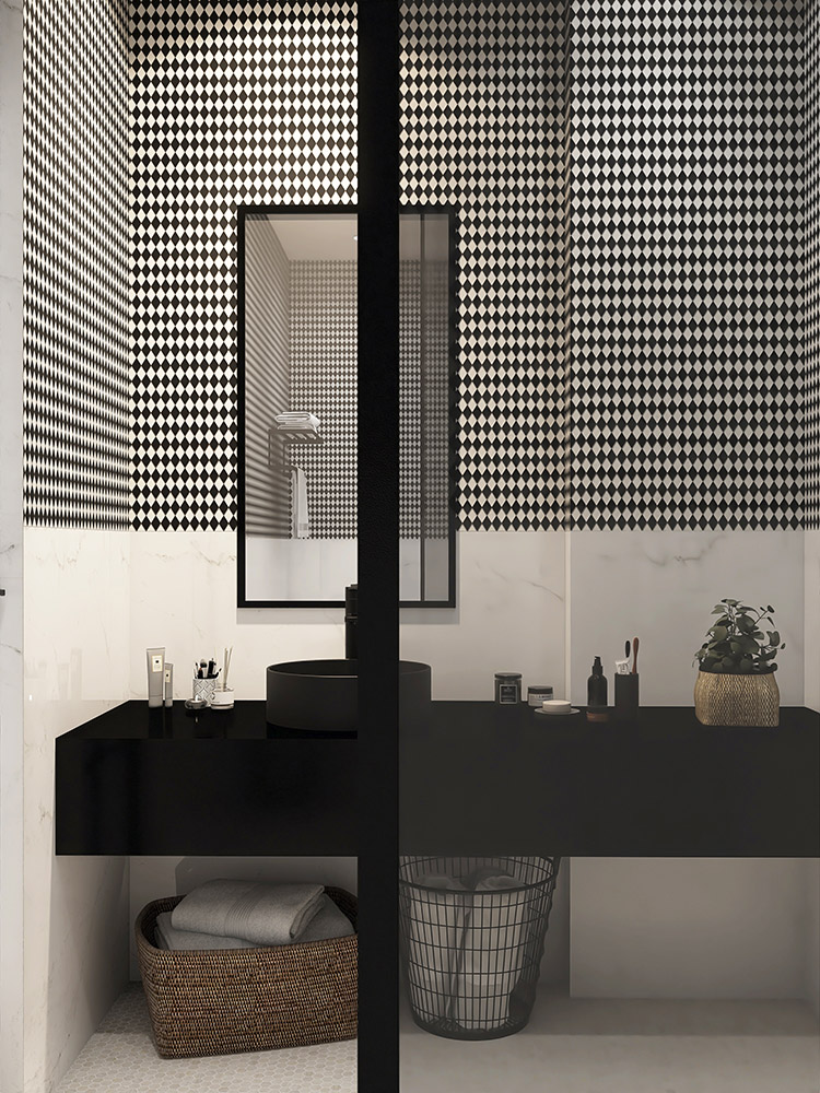 Black and white diamond mosaic half-wall, black sink, and black-framed bathroom mirror.