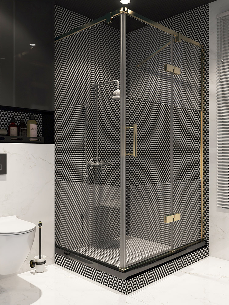 Black and white triangular mosaic tiles in the shower with glass partitions.