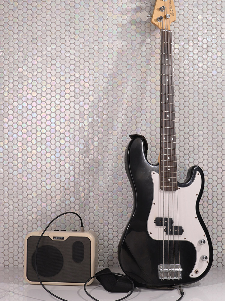 Penny round white iridescent glass mosaic tiles on the wall with a bass and speaker in front.