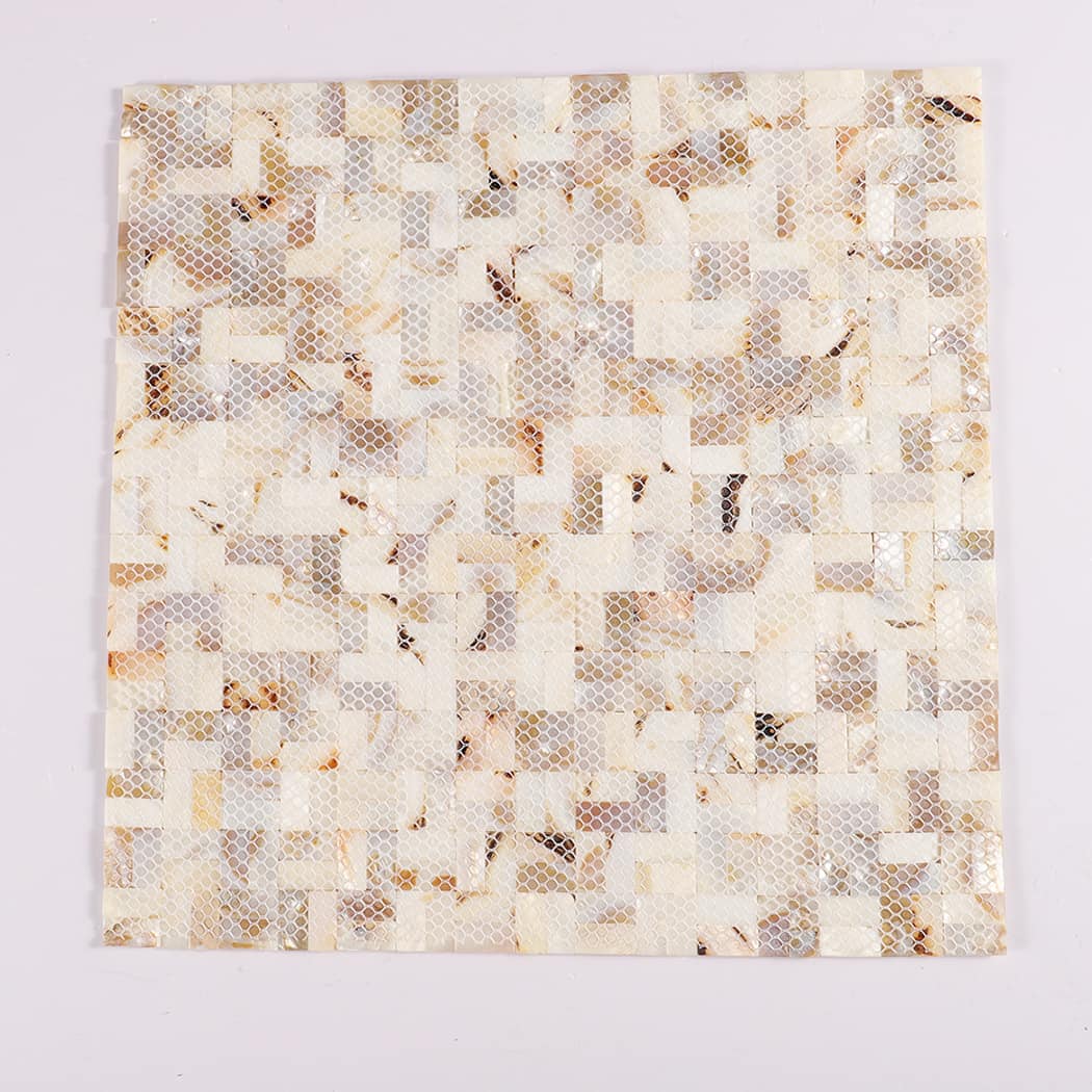Back view of 3D beige mother of pearl basket weave mosaic tile with mesh backing.