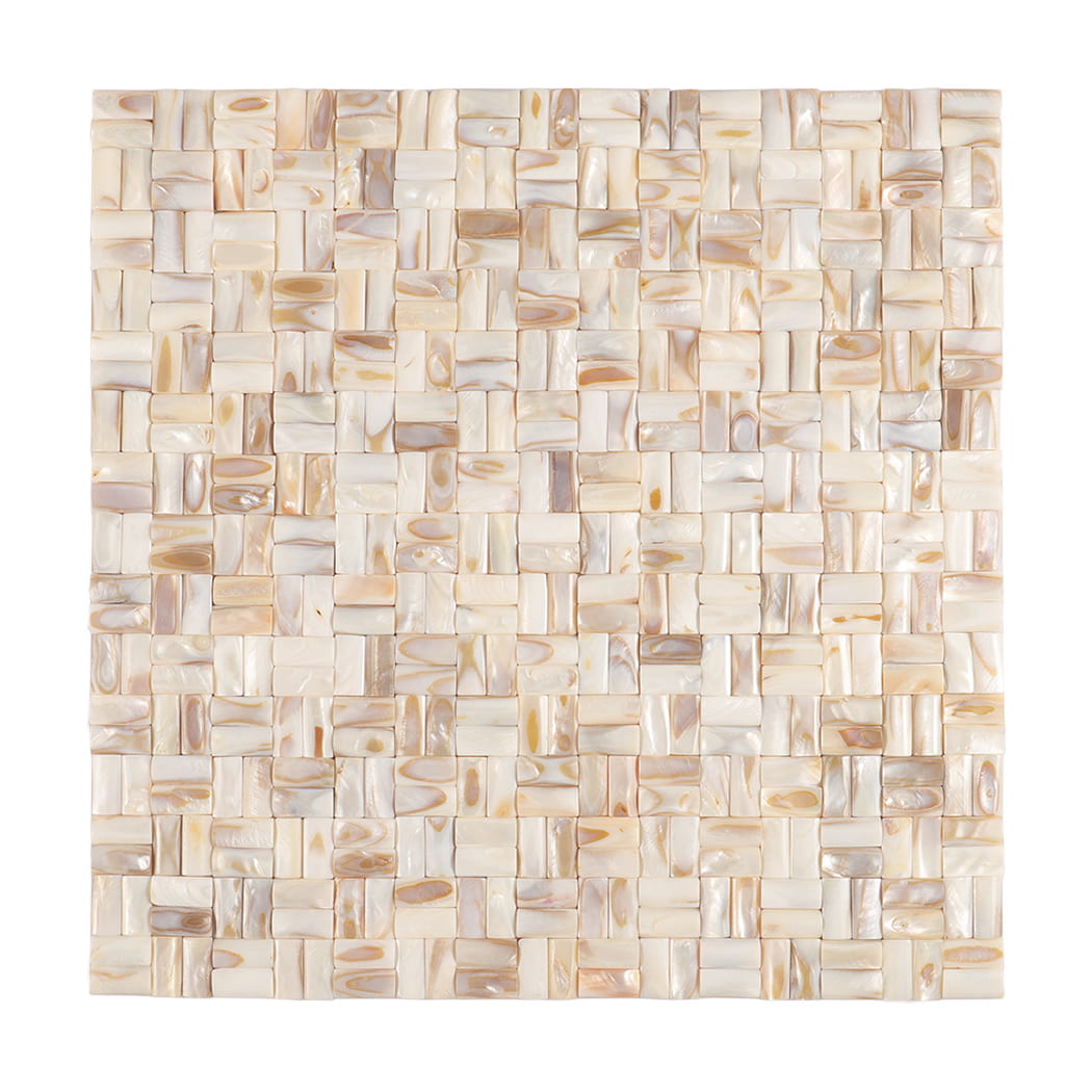 Front view of 3D beige mother of pearl basket weave mosaic tile.