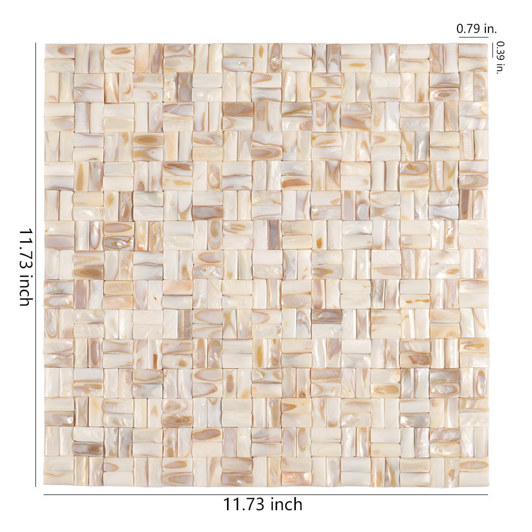 3D beige mother of pearl basket weave mosaic tile with size details.