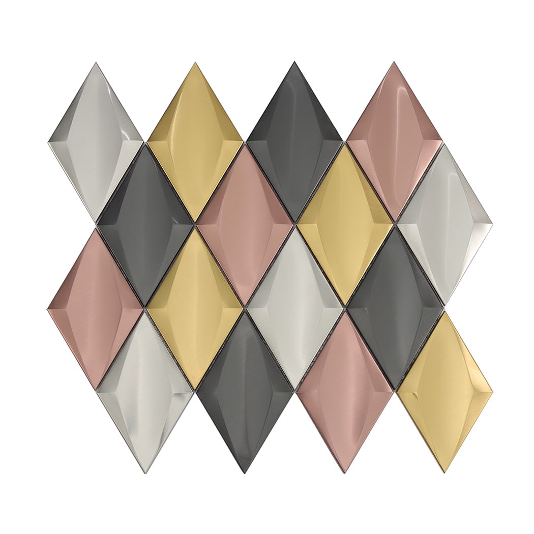 Front view of a multicolor 3D diamond metal mosaic tile sheet on white background.