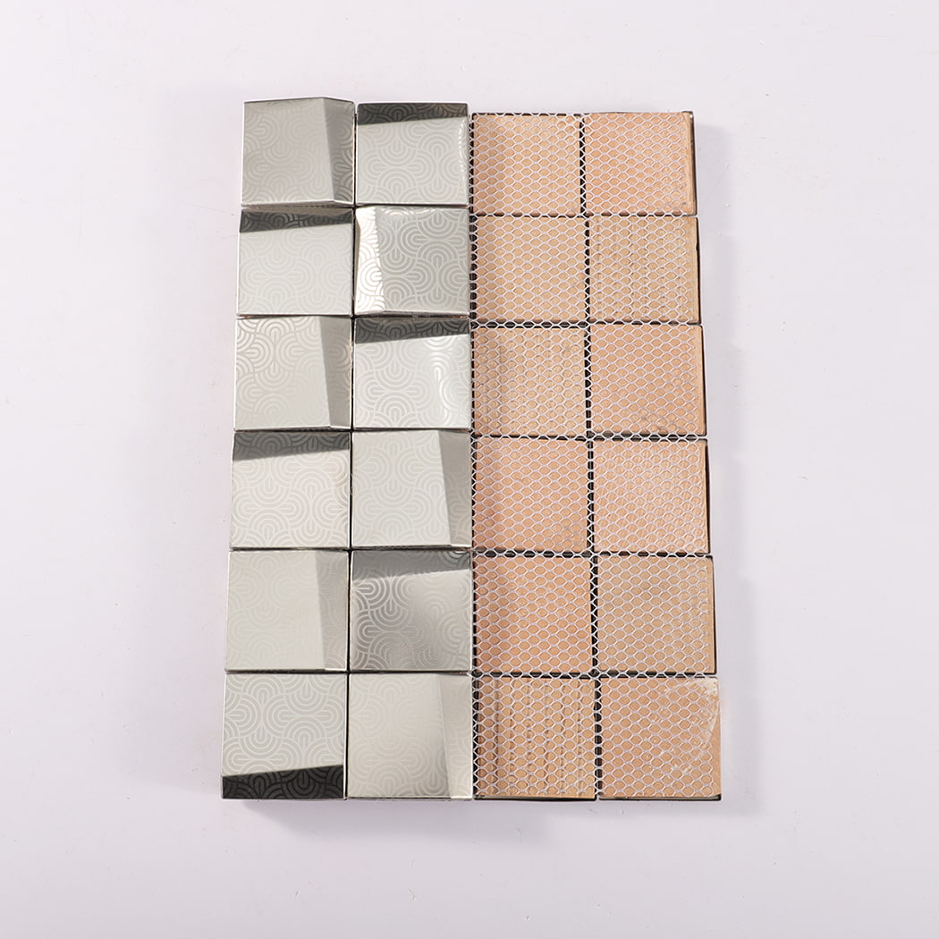Back mesh view of 3D square embossed silver stainless steel mosaic tile sheet