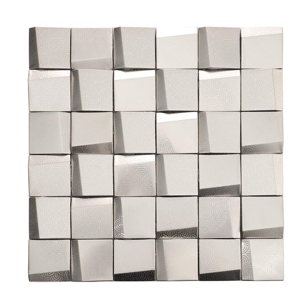 Front view of 3D square embossed silver stainless steel metal mosaic tile
