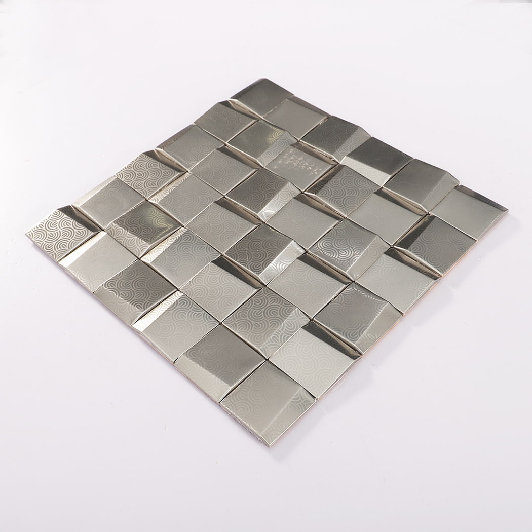 Full sheet angled view of 3D square embossed silver stainless steel metal mosaic tile