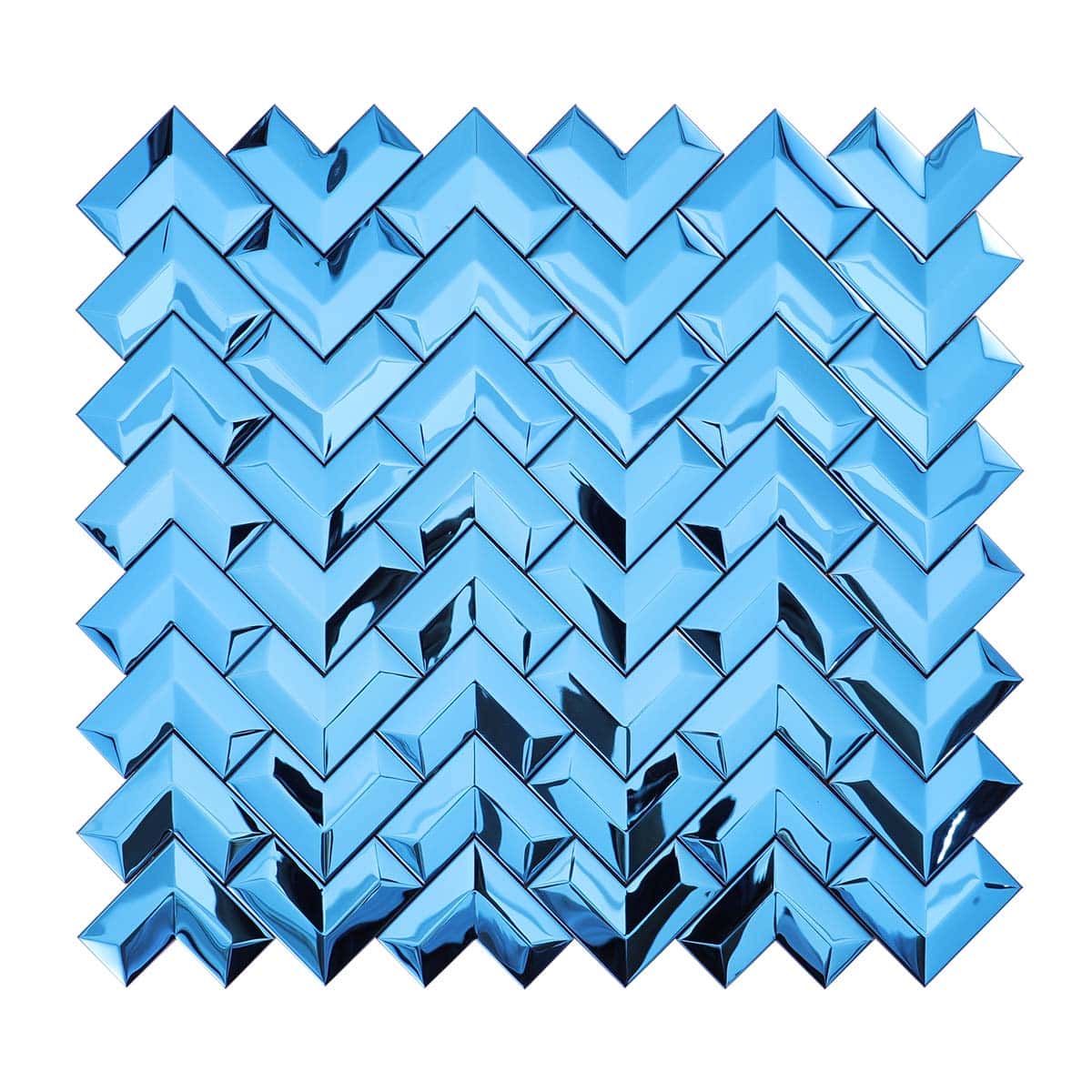  Front view of 3D blue stainless steel chevron mosaic tile