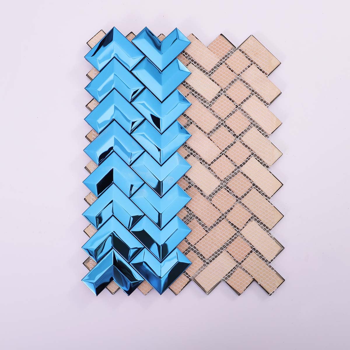 Back mesh of 3D blue stainless steel chevron mosaic tile