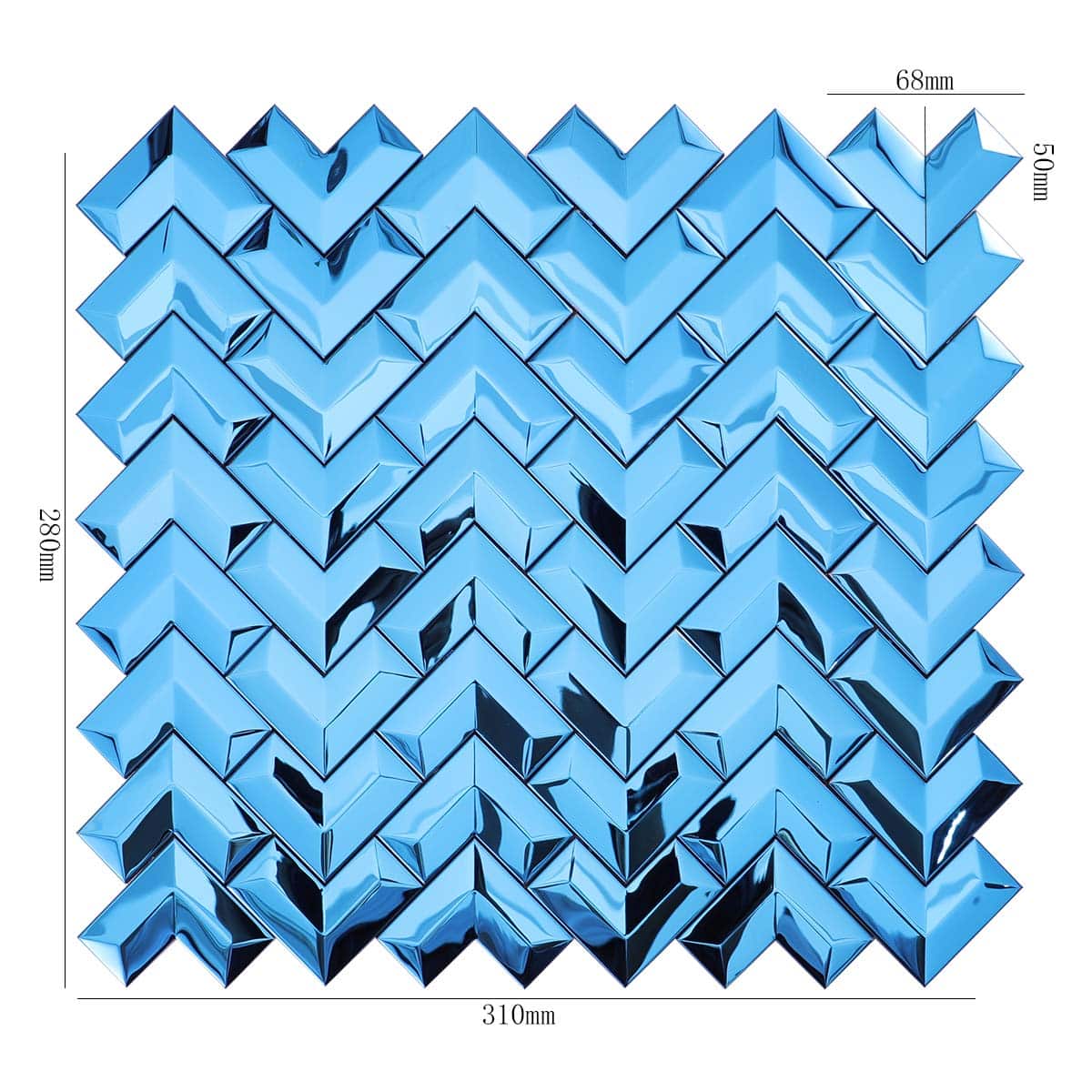 Glossy blue 3D stainless steel chevron tile with dimensions