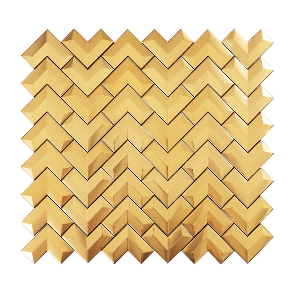 Front view of 3D brushed gold stainless steel chevron tile sheet