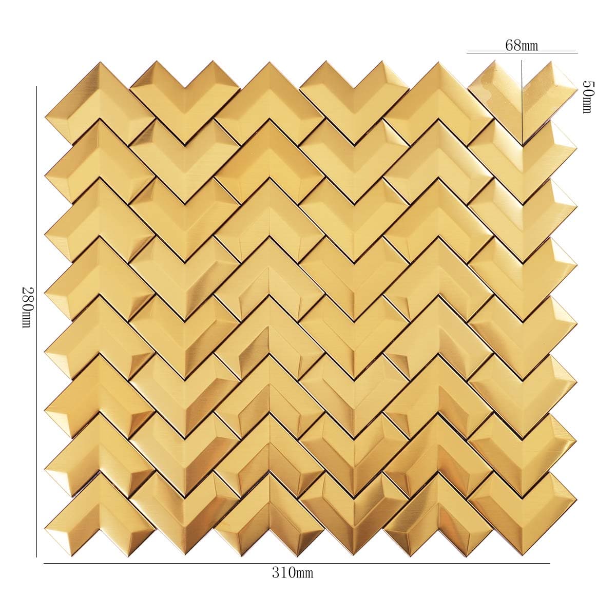 Brushed gold stainless steel chevron tile with dimensions shown
