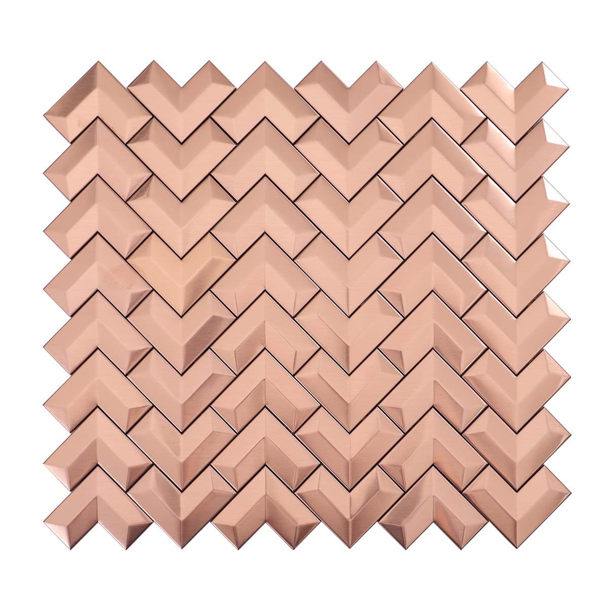 Front view of 3D brushed rose gold stainless chevron mosaic