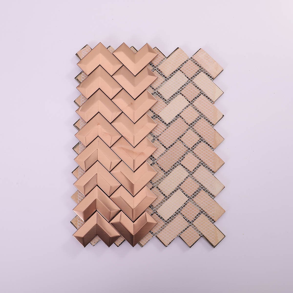 Back mesh sheet of 3D brushed rose gold stainless chevron tile