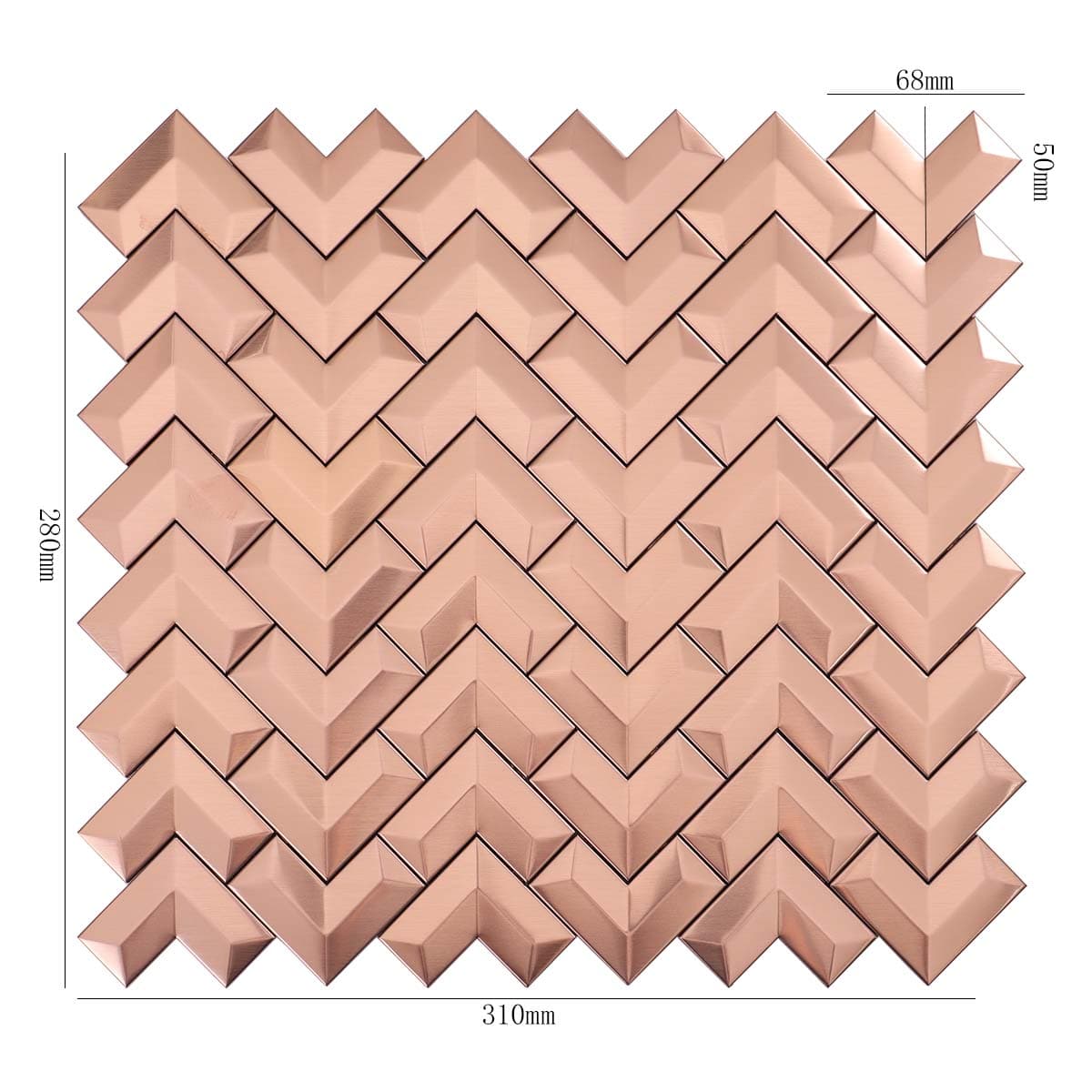 3D brushed rose gold stainless steel chevron tile with size info