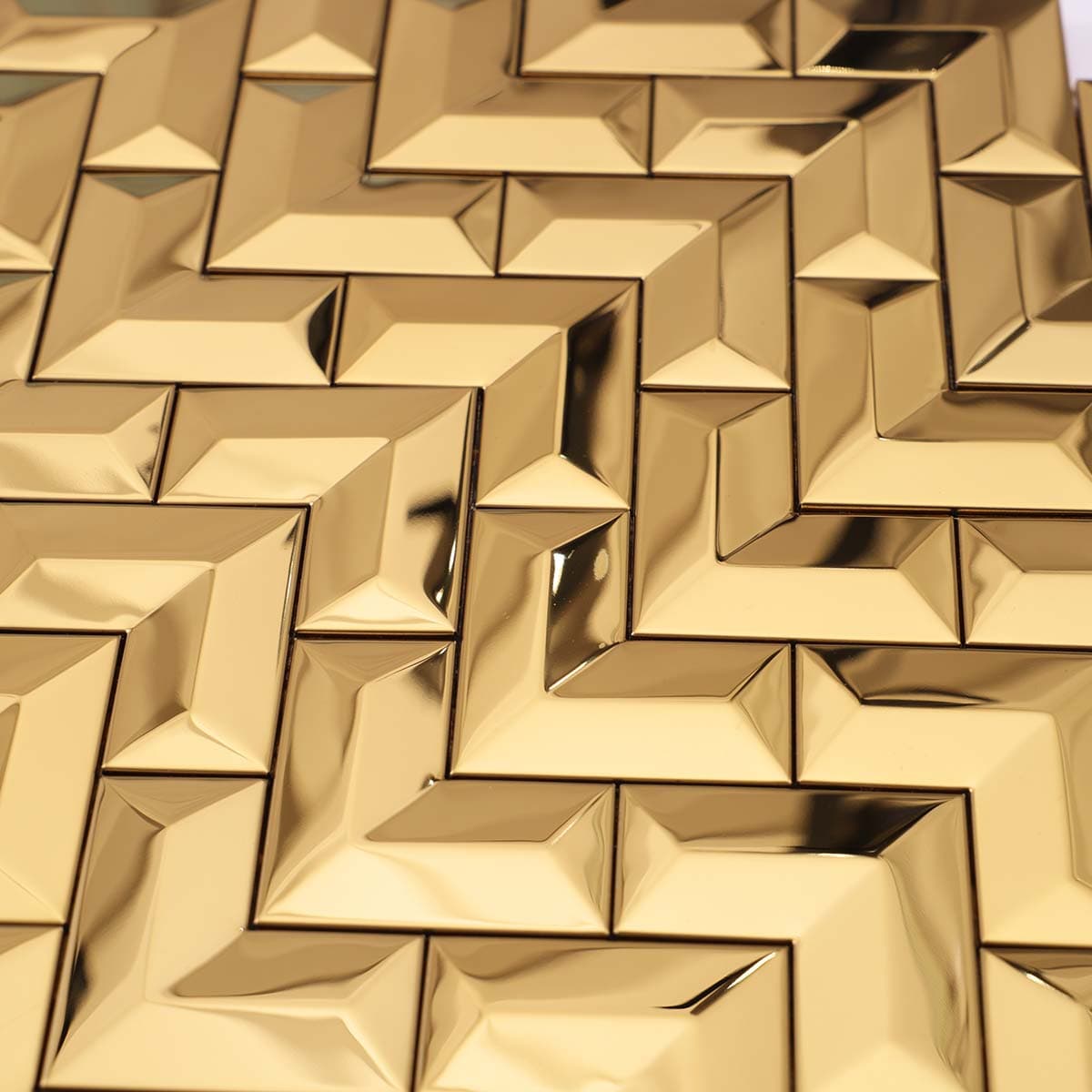 Detailed view of interlocking gold chevron tile layout