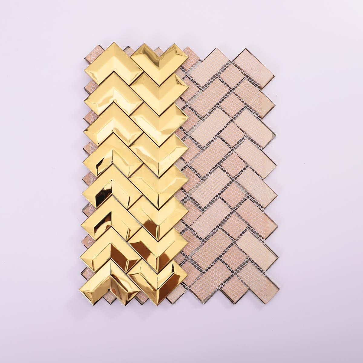 Gold chevron mosaic tile with visible mesh backing