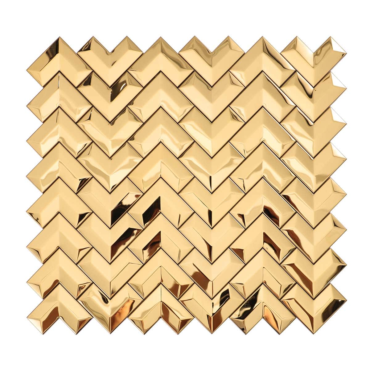 Front view of gold chevron metal mosaic wall tile