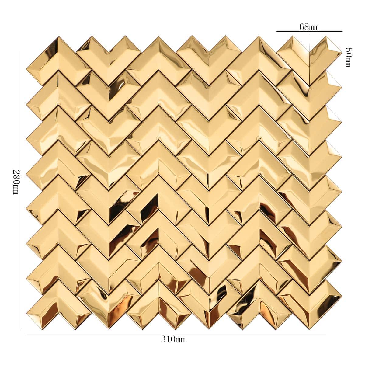 Glossy gold chevron mosaic tile with size labels 