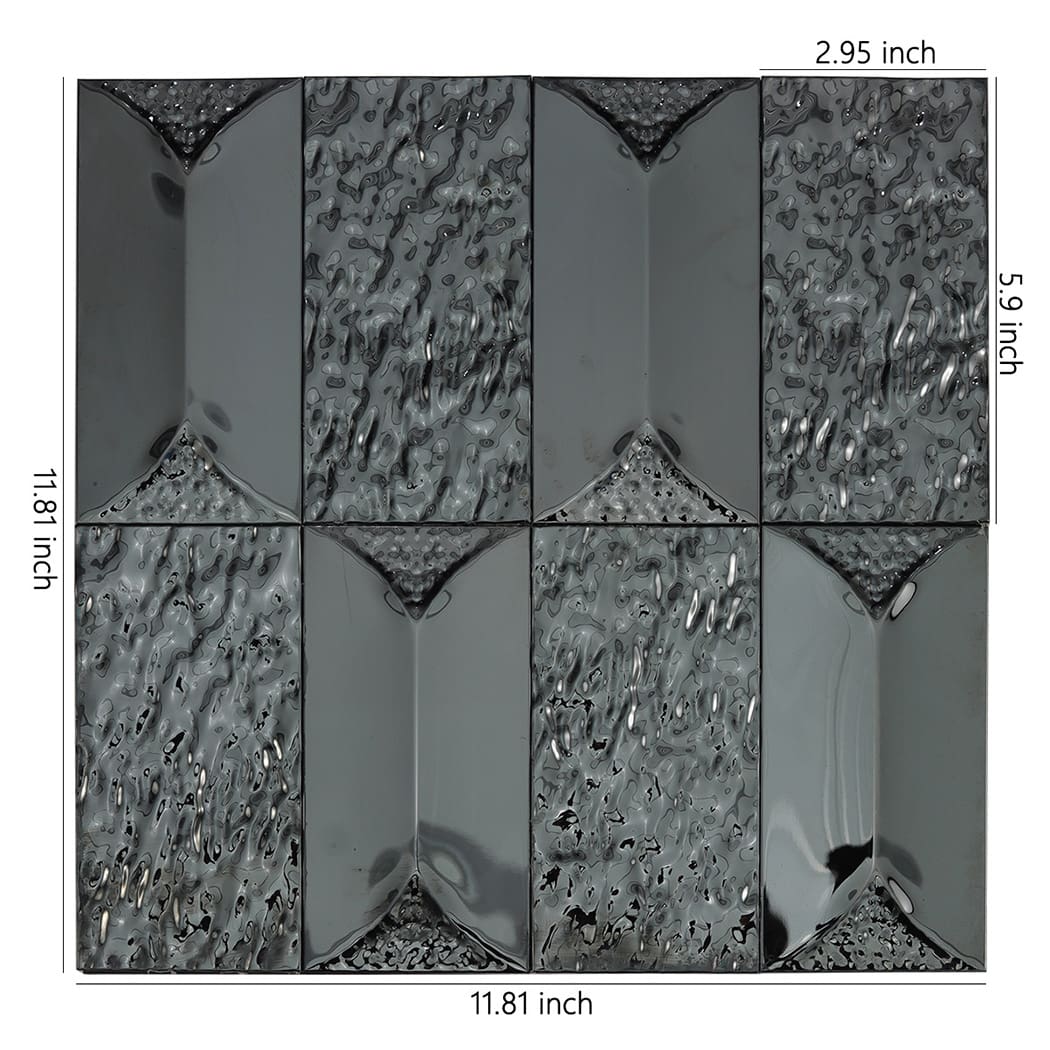 A sheet of black 3D rectangular stainless steel self adhesive mosaic tiles measuring 11.81 inches square.