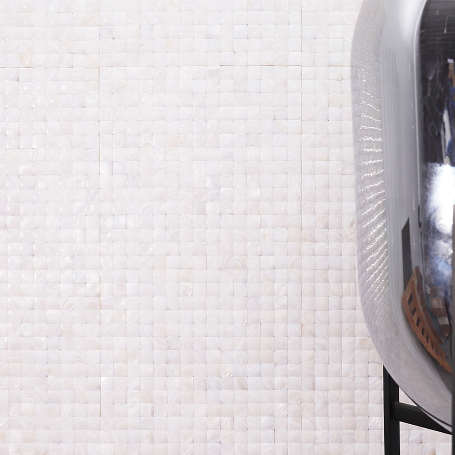 3D natural shell square tile wall with glossy chrome accent