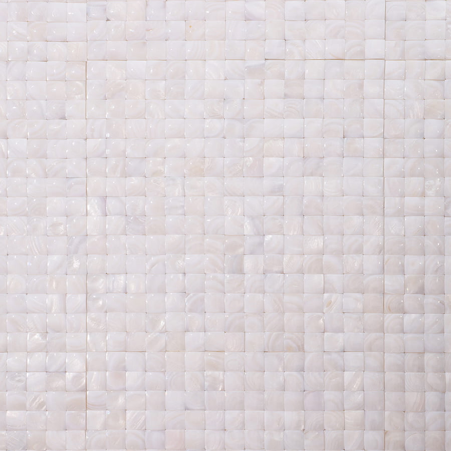 Close view of 3D white shell mosaic with square tile layout