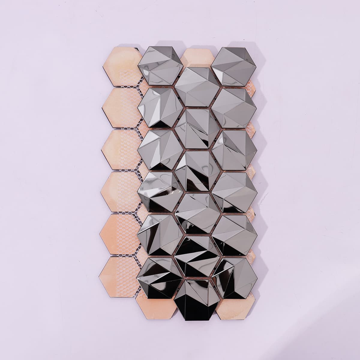 Back side of 3D black hexagon stainless steel mosaic with mesh backing