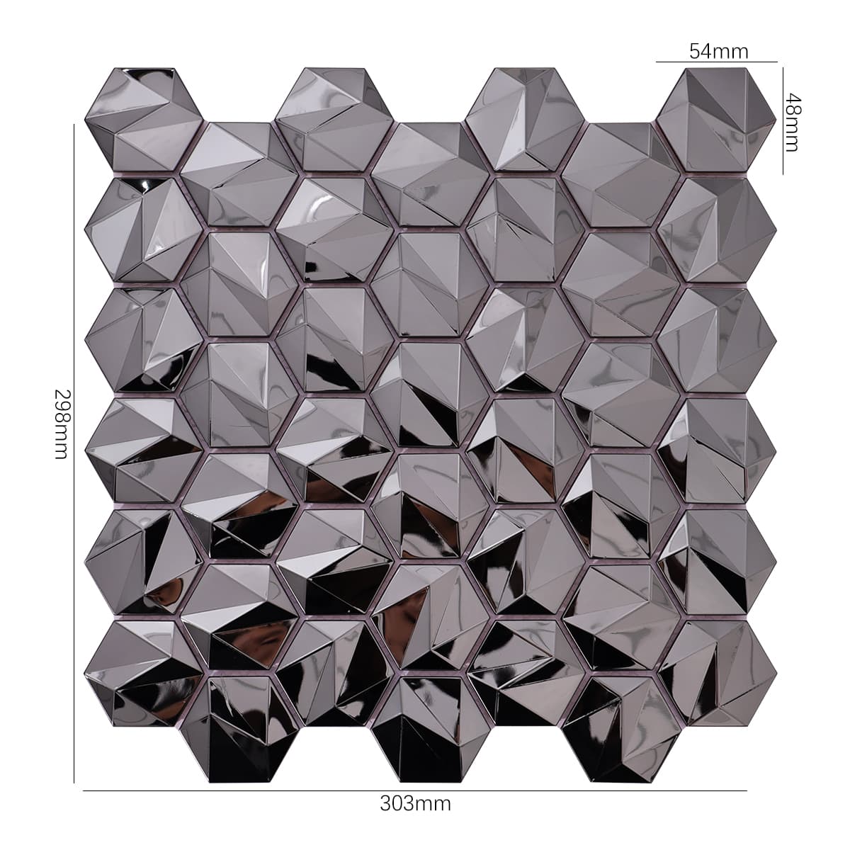 3D black hexagon mosaic sheet with measurements for reference