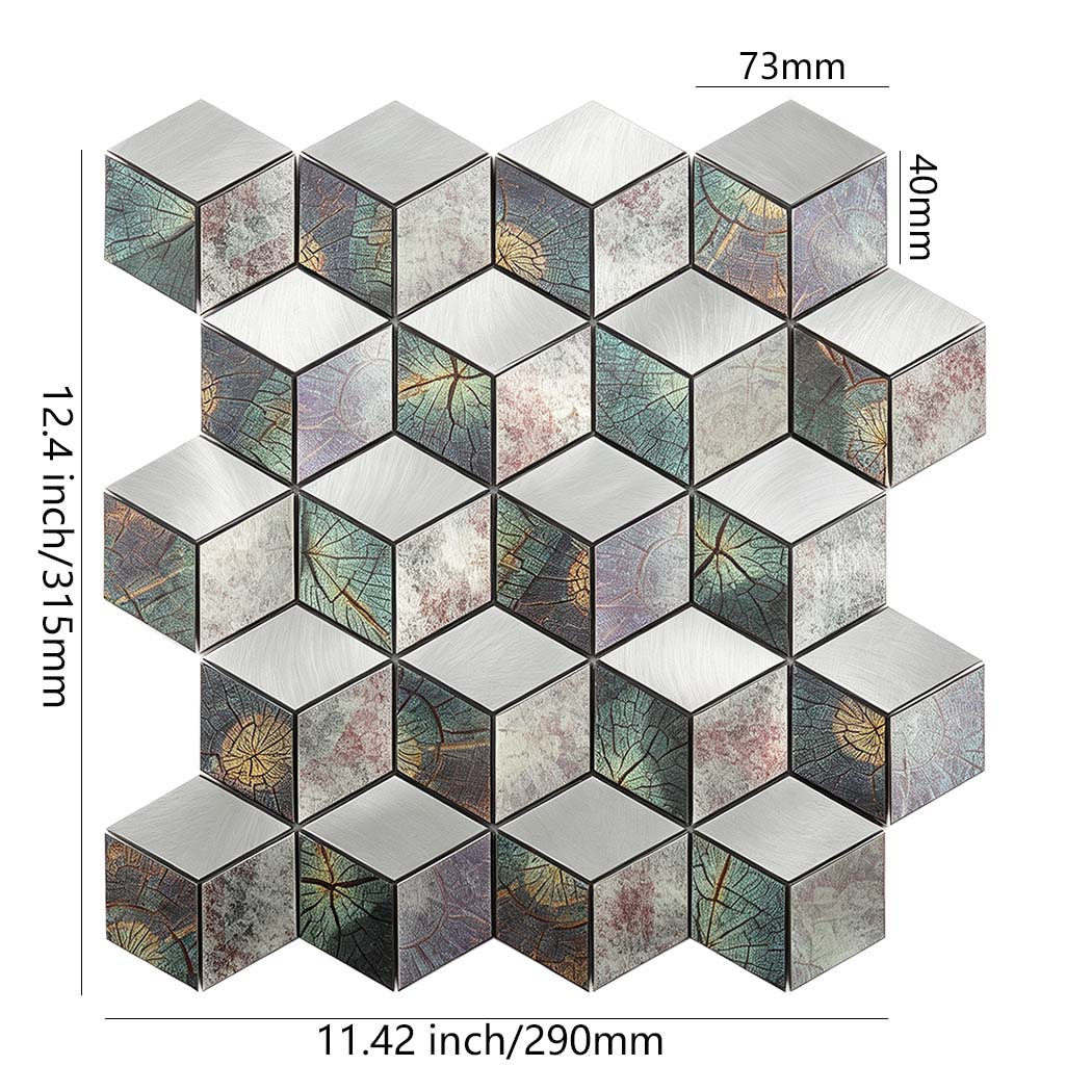 3D cube flat surface aluminum mosaic tile sheet 11.42x12.4 inches leaf pattern