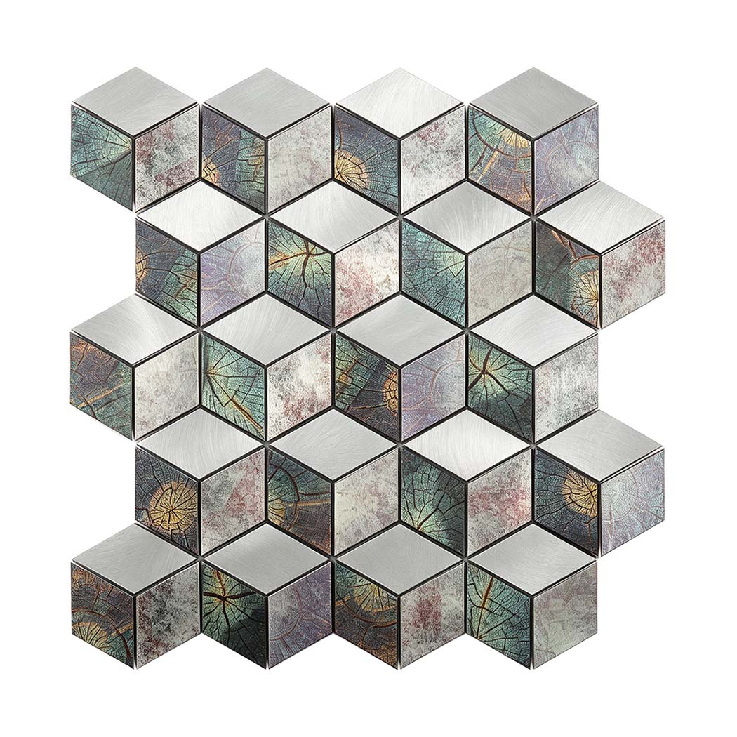 Full sheet front view of 3D cube flat surface aluminum wall mosaic tile
