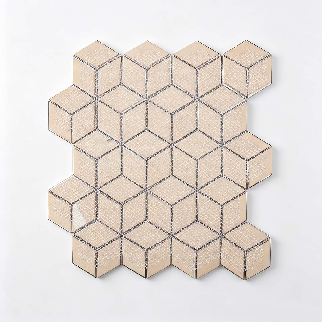 Fiberglass mesh backing on reverse side of 3D cube flat aluminum mosaic tile