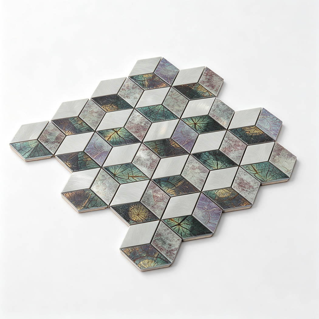 Angled perspective view of 3D cube flat surface aluminum mosaic tile sheet