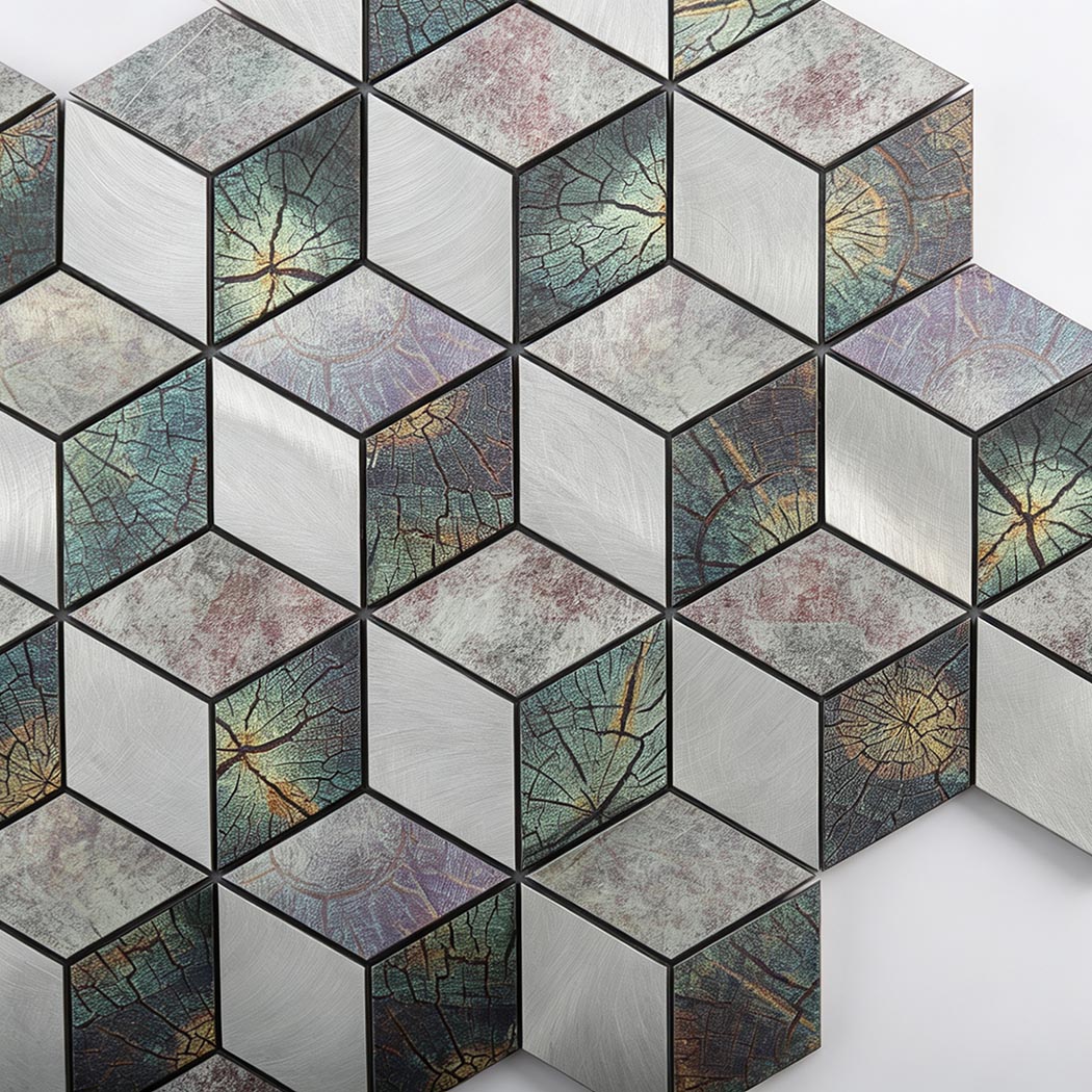 Top view showing flat surface with leaf pattern on 3D cube aluminum tile